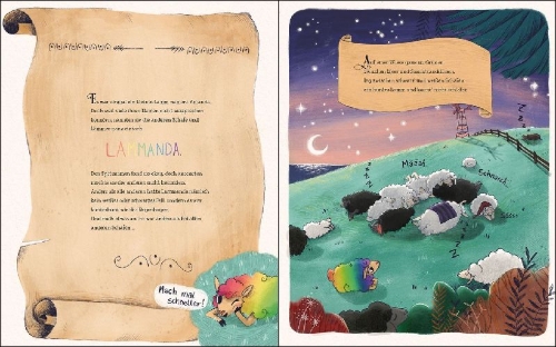 Buchcover und Innenansicht für das Buch: Lammande und der Regenpogenpups (AT)