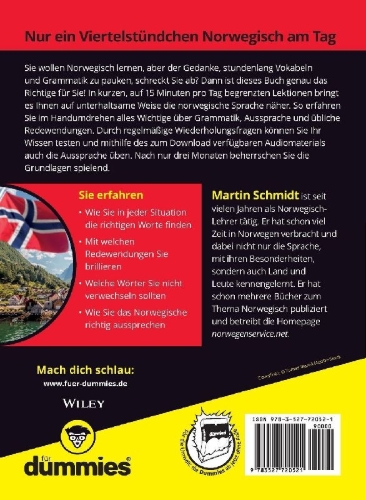 Buchcover und Innenansicht für das Buch: Norwegisch lernen in 15 Minuten am Tag für Dummies