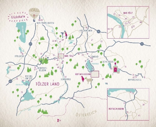 Buchcover und Innenansicht für das Buch: Glücksorte im Tölzer Land. Mit Tegernsee & Schliersee
