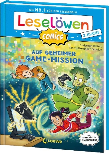 Buchcover und Innenansicht für das Buch: Leselöwen Comics 2. Klasse - Auf geheimer Game-Mission