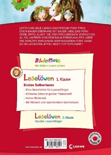 Buchcover und Innenansicht für das Buch: Leselöwen 1. Klasse - Zwei Freundinnen und ein freches Pony