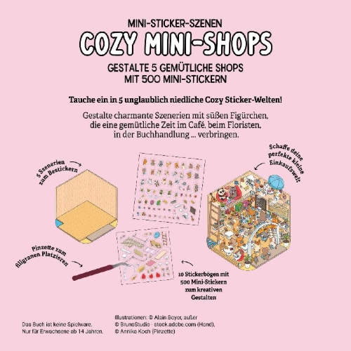 Buchcover und Innenansicht für das Buch: Mini-Sticker-Szenen - Cozy Mini-Shops I 3D-Sticker