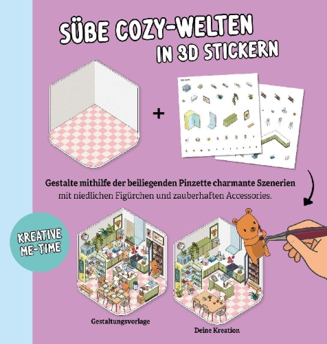 Buchcover und Innenansicht für das Buch: Mini-Sticker-Szenen - Cozy Mini-Shops I 3D-Sticker