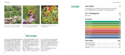 Buchcover und Innenansicht für das Buch: Quickfinder Artenvielfalt im Gartenjahr