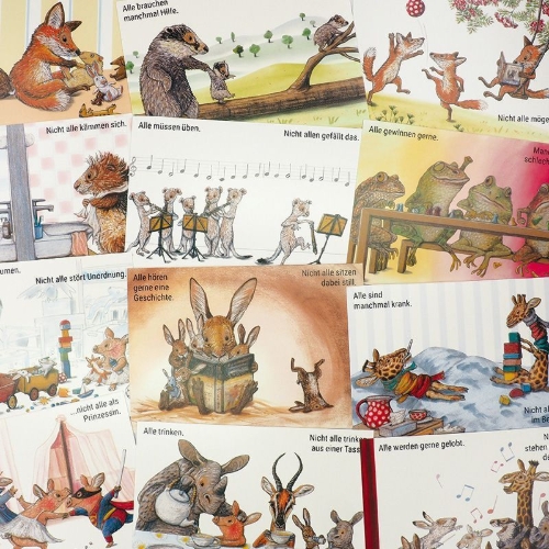 Buchcover und Innenansicht für das Buch: Alle? Nicht alle! Postkarten-Set