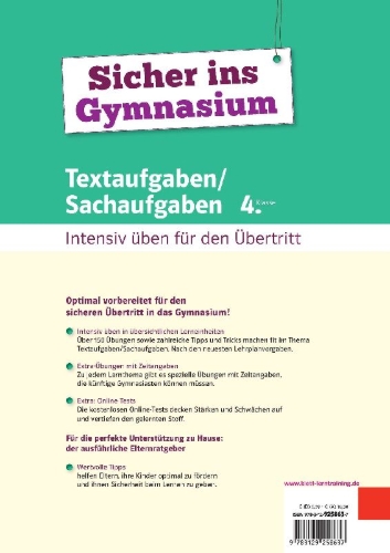 Buchcover und Innenansicht für das Buch: Sicher ins Gymnasium Textaufgaben/Sachaufgaben 4. Klasse