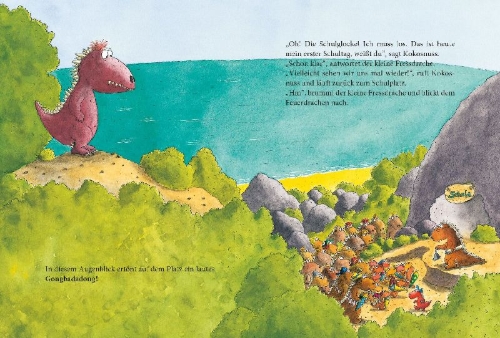 Buchcover und Innenansicht für das Buch: Erst ich ein Stück, dann du - Der kleine Drache Kokosnuss 01 kommt in die Schule