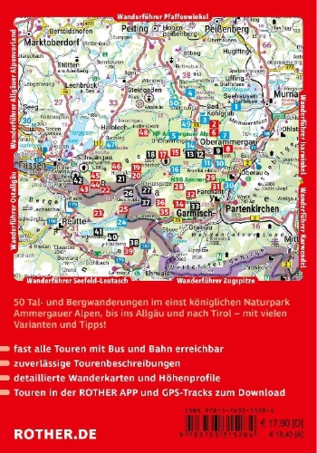 Buchcover und Innenansicht für das Buch: ROTHER Wanderführer Ammergauer Alpen. 50 Touren von Oberammergau bis Füssen, Garmisch-Partenkirchen und zum Plansee