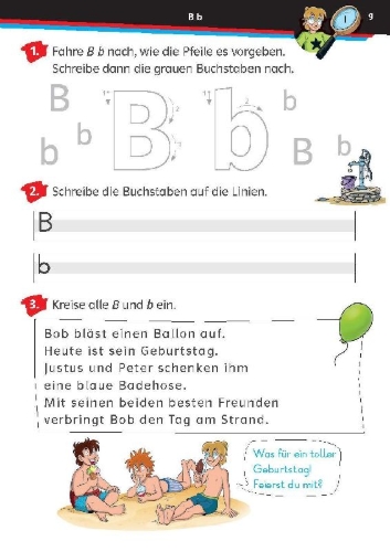 Buchcover und Innenansicht für das Buch: Die drei ??? Kids: Mein Übungsheft Deutsch 1. Klasse - Schreiben lernen