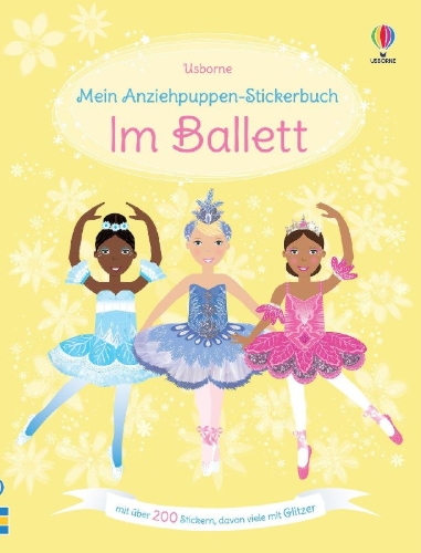 Buchcover und Innenansicht für das Buch: Meine glitzernden Anziehpuppen-Stickerbücher mini: Im Ballett, Feen, Freundinnen und Prinzessinnen
