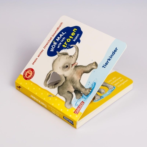 Buchcover und Innenansicht für das Buch: Hör mal, wie ich tröten kann (Mein erstes Streichel-Soundbuch 4)