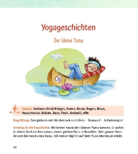 Buchcover und Innenansicht für das Buch: 12 Kinderyoga-Mitmachgeschichten