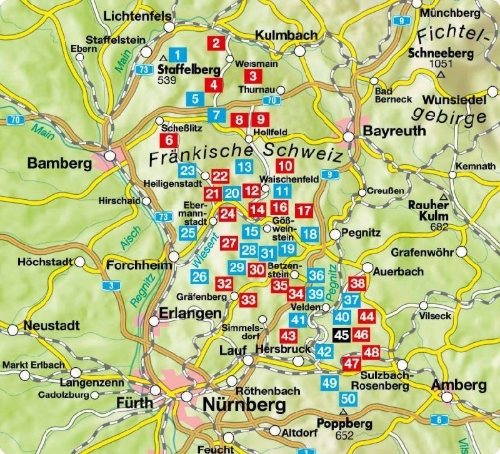Buchcover und Innenansicht für das Buch: ROTHER Wanderführer Fränkische Schweiz. 50 Touren im Frankenjura - mit Oberem Maintal, Hersbrucker Schweiz und Nürnberger Land