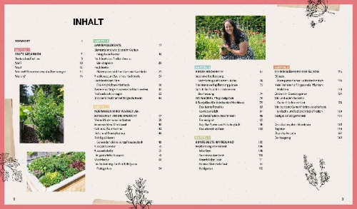 Buchcover und Innenansicht für das Buch: Bunte Beete - Einfach gärtnern mit intensiver Bepflanzung in Hochbeet und Freiland