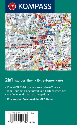 Buchcover und Innenansicht für das Buch: KOMPASS Wanderführer Meran und Umgebung, Passeiertal, Texelgruppe, Ultental, 60 Touren mit Extra-Tourenkarte