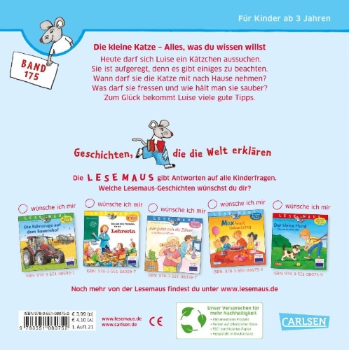 Buchcover und Innenansicht für das Buch: LESEMAUS 175: Die kleine Katze - alles, was du wissen willst
