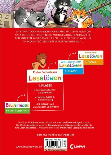 Buchcover und Innenansicht für das Buch: Leselöwen 1. Klasse - Die Katzen-Detektive (Großbuchstabenausgabe)