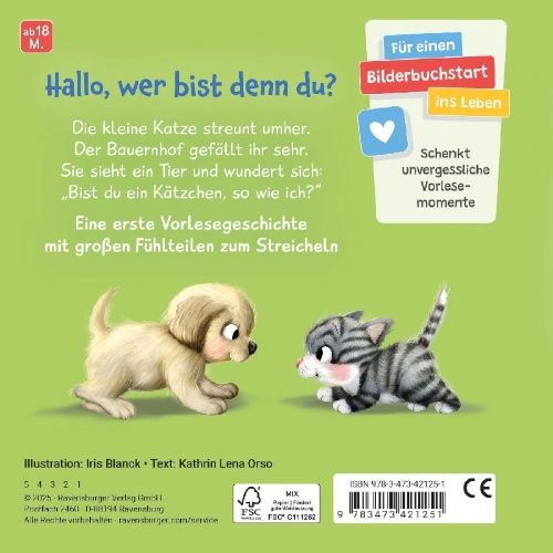 Buchcover und Innenansicht für das Buch: Mein erstes Vorlese-Fühlbuch - Bist du eine Katze?