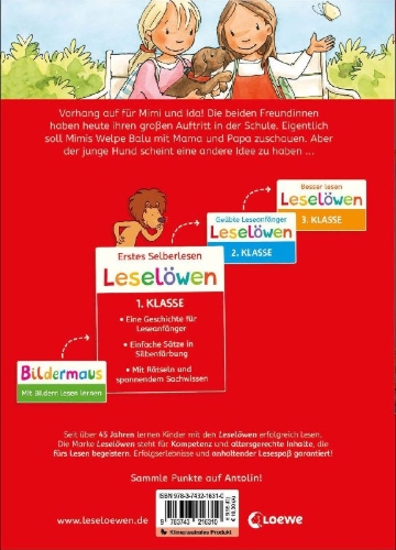 Buchcover und Innenansicht für das Buch: Leselöwen 1. Klasse - Zwei Freundinnen und ein neugieriger Welpe