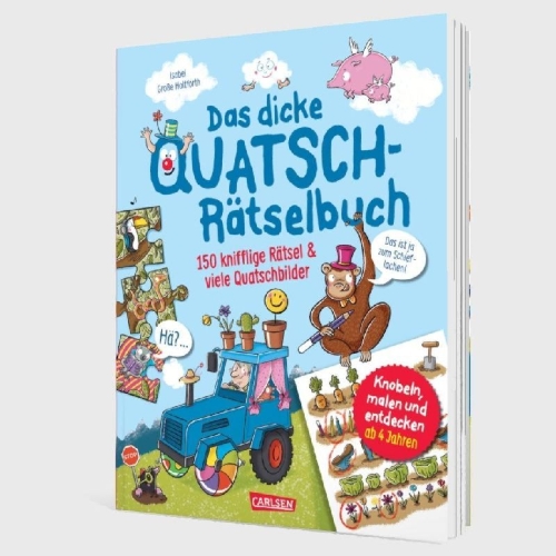 Buchcover und Innenansicht für das Buch: Das dicke Quatsch-Rätselbuch