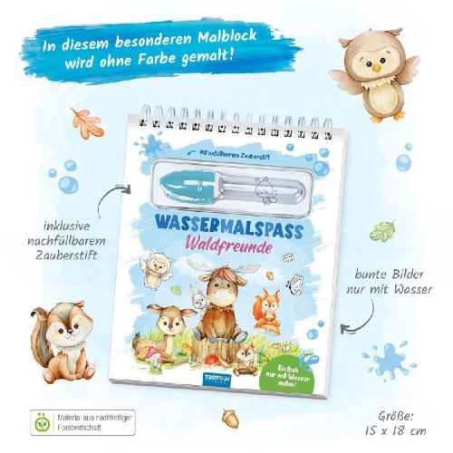 Buchcover und Innenansicht für das Buch: Trötsch Wassermalspaß mit Zauberstift Waldfreunde