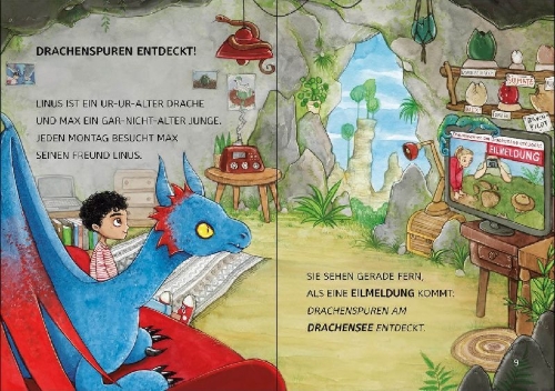 Buchcover und Innenansicht für das Buch: Leselöwen 1. Klasse - Drachenfreund gesucht! (Großbuchstabenausgabe)