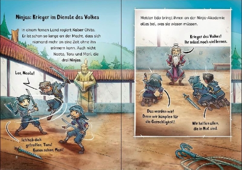 Buchcover und Innenansicht für das Buch: Leselöwen 3. Klasse - Die Ninjas und der unsterbliche Kaiser