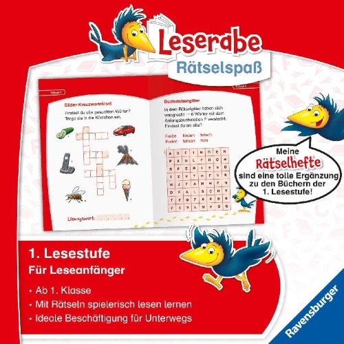 Buchcover und Innenansicht für das Buch: Ravensburger Leserabe Rätselspaß - Kreuzworträtsel zum Lesenlernen - 1. Lesestufe