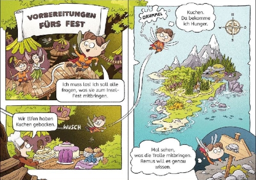 Buchcover und Innenansicht für das Buch: Leselöwen Comics 1. Klasse - Drachen-Alarm auf der magischen Insel