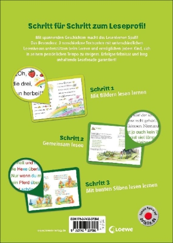Buchcover und Innenansicht für das Buch: Lesenlernen in 3 Schritten - Die schönsten Zauberponygeschichten