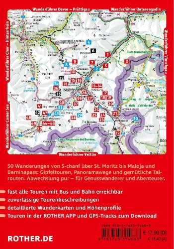 Buchcover und Innenansicht für das Buch: ROTHER Wanderführer Oberengadin. 50 Touren im Engadin rund um St. Moritz, Zuoz, Pontresina und Maloja