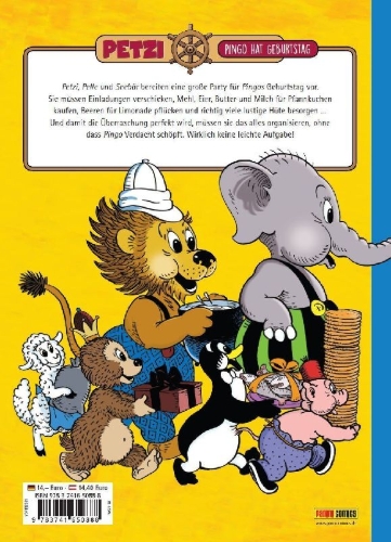 Buchcover und Innenansicht für das Buch: Petzi et L'Anniversaire de Pingo
