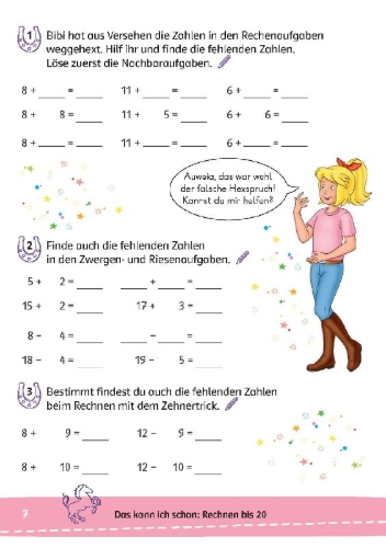 Buchcover und Innenansicht für das Buch: Bibi & Tina: Mein Lernrätsel-Block Mathematik für die 2. Klasse