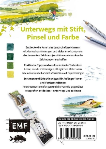 Buchcover und Innenansicht für das Buch: Zeichnen mit Jens Hübner: Landschaften entdecken und erleben