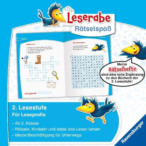 Buchcover und Innenansicht für das Buch: Ravensburger Leserabe Rätselspaß - Kreuzworträtsel zum Lesenlernen - 2. Lesestufe