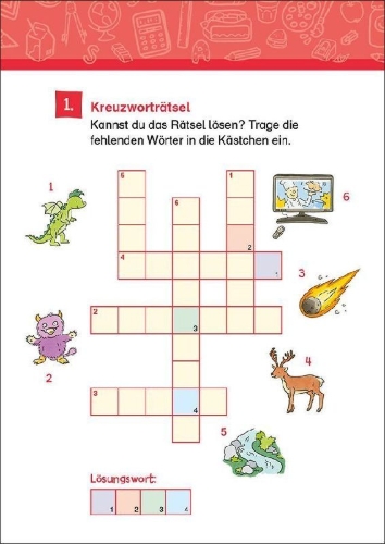 Buchcover und Innenansicht für das Buch: 66 Kreuzworträtsel für Erstleser - 1. Klasse (Blau)