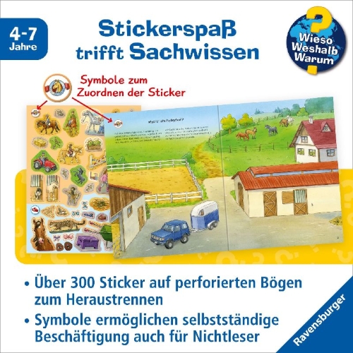 Buchcover und Innenansicht für das Buch: Wieso? Weshalb? Warum? Stickerheft:  Pferde