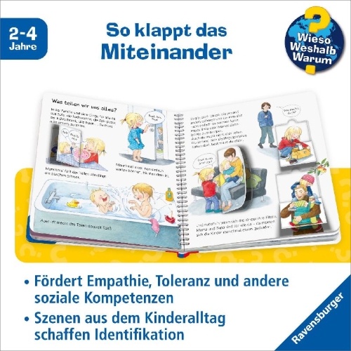 Buchcover und Innenansicht für das Buch: Wieso? Weshalb? Warum? junior, Band 66: Helfen, teilen, sich vertragen