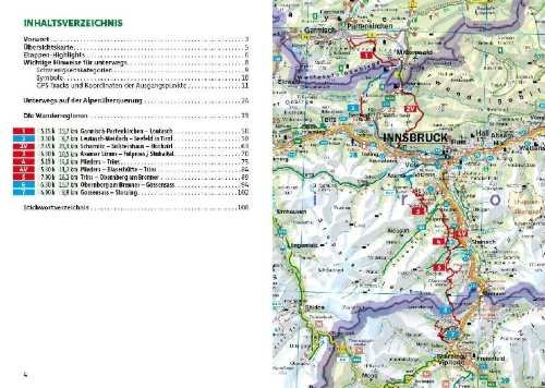 Buchcover und Innenansicht für das Buch: ROTHER Wanderführer Alpenüberquerung Garmisch - Sterzing. 7 Etappen von Oberbayern nach Südtirol - mit zwei Varianten