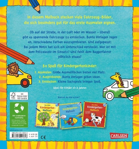 Buchcover und Innenansicht für das Buch: Ausmalbilder für Kita-Kinder: Das dicke Kindergarten-Malbuch: Fahrzeuge