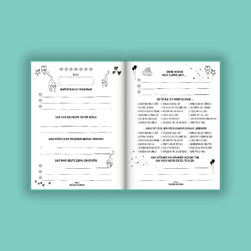 Buchcover und Innenansicht für das Buch: Mein kleines Glücklichbuch | Dankbarkeitstagebuch für Kinder | 3 Minuten Tagebuch für Kinder