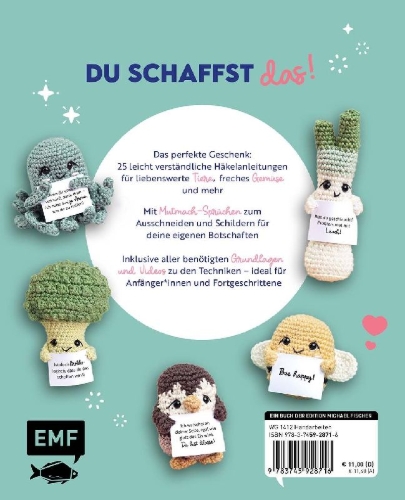 Buchcover und Innenansicht für das Buch: Emotional Support Amigurumis - Kleine Mutmacher und Glücksbringer häkeln