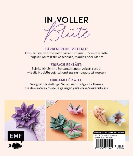 Buchcover und Innenansicht für das Buch: Origami-Flowers - Wunderschöne Blüten zum Dekorieren & Verschenken
