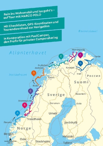 Buchcover und Innenansicht für das Buch: MARCO POLO Camper Guide Nordnorwegen: Lofoten & Nordkap