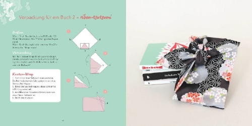 Buchcover und Innenansicht für das Buch: Furoshiki - l'art d'emballer avec du tissue