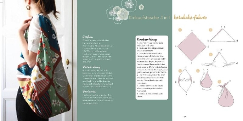 Buchcover und Innenansicht für das Buch: Furoshiki - l'art d'emballer avec du tissue