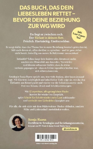 Buchcover und Innenansicht für das Buch: Der Elefant in deinem Bett - Der Schlüssel zu mehr Lust und Nähe im Beziehungsalltag, Sexualität in der Partnerschaft neu entdecken, 52 Hacks für Intimität, Anziehung stärken, Beziehung retten ohne Druck