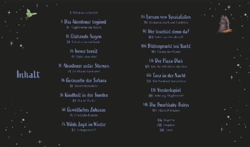 Buchcover und Innenansicht für das Buch: Tiergeschichten zum Träumen. Zauber der Nacht