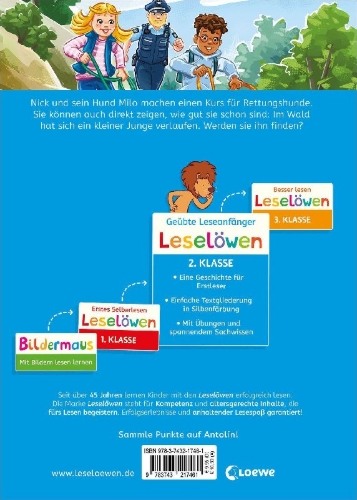 Buchcover und Innenansicht für das Buch: Leselöwen 2. Klasse - Rettungshunde im Einsatz