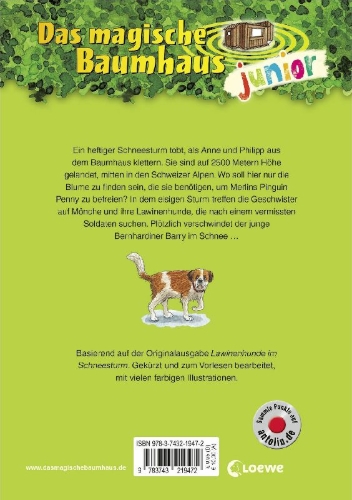 Buchcover und Innenansicht für das Buch: Das magische Baumhaus junior (Band 40) - Lawinenhunde im Einsatz